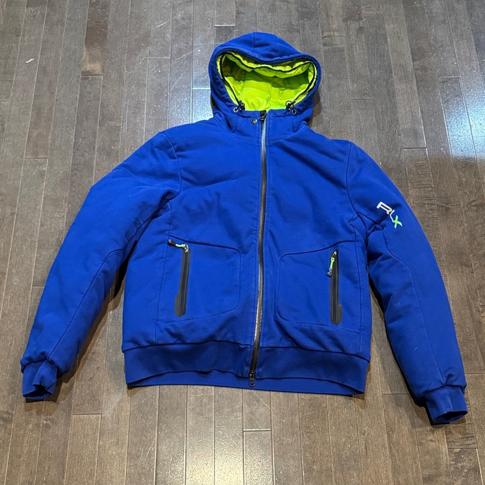 Ralph Lauren Blue and Neon Green Dual Zipper Down Feather Hooded Sweater Jacket